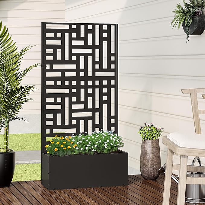 Casaphoria Metal Raised Garden Bed with Trellis and Wheels, 59"x30"x12" Planter Box for Climbing Plants, Vegetables & Vines, Features Drainage Holes and Privacy Screen (Black-Helen)