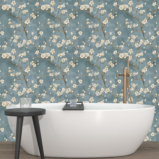 Blue Floral Wallpaper Peel and Stick Vintage White Flowers Contact Paper Vinyl - Image 7