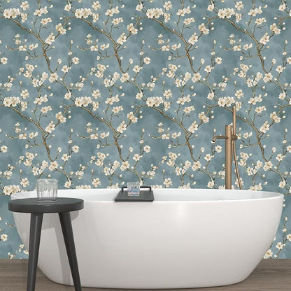 Blue Floral Wallpaper Peel and Stick Vintage White Flowers Contact Paper Vinyl - Image 7