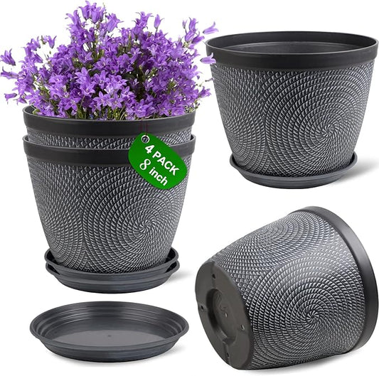 Quarut 4 Pack 8 Inch Flower Pots Planters for Outdoor Indoor, Plastic Plant Pots with Drainage Hole & Tray, Modern Decorative Garden Pot with Saucer, planters for House (Gray)
