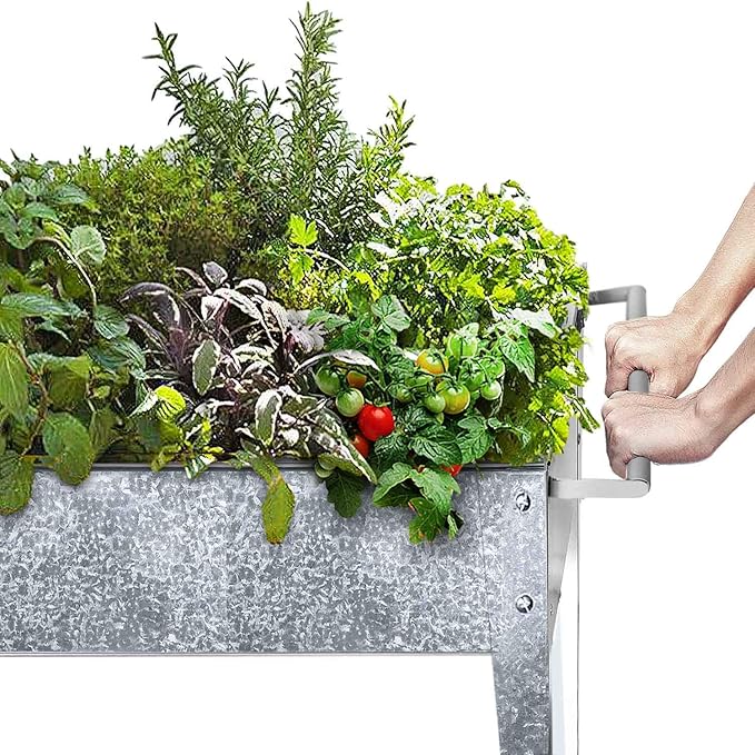 Raised Planter Box with Legs Outdoor Standing Elevated Garden Bed On Wheels for Vegetables Herb Patio Apartment, Galvanized