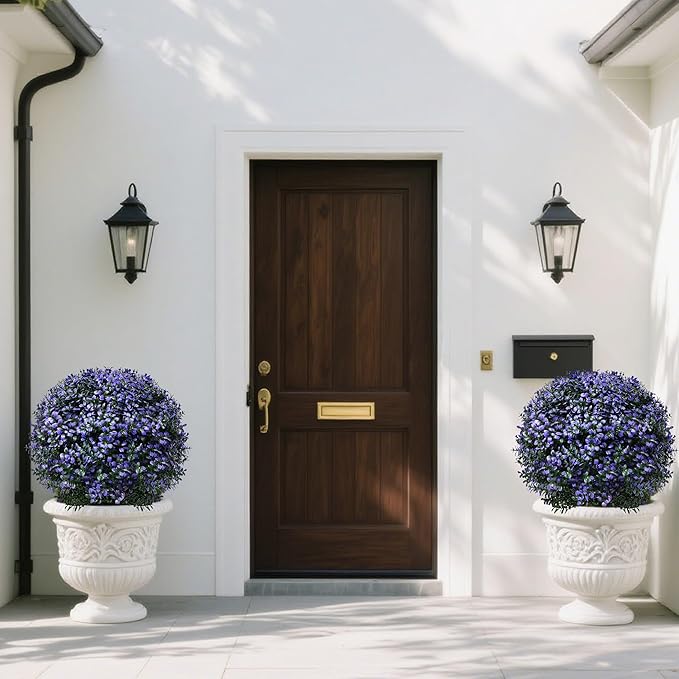 Set of 2 Artificial Boxwood Topiary Ball Trees Outdoor Faux Shrubs Artificial Boxwood Plants with Ground Spike, 24" Lavender Fake Evergreen Tree UV Resistant for Planter,Potted,Fall