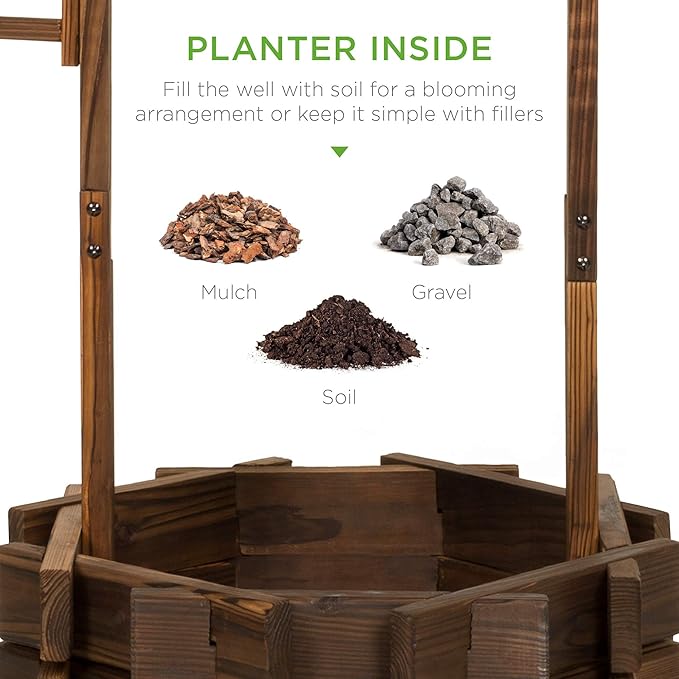 Best Choice Products Rustic Wooden Wishing Well Planter Outdoor Home Décor for Patio, Garden, Yard w/Hanging Bucket