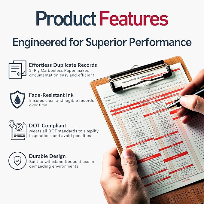 10 Pack 3-Ply Carbonless Annual Vehicle Inspection Report Forms with FMCSA Red Aluminum Adhesive Labels, DOT Inspection Forms and Stickers, Shrink-Wrapped, 8.5" x 11.75" - Made in USA