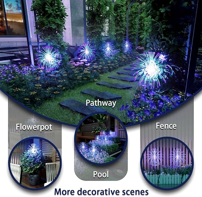Honche Pack of 4 Upgrade Solar Fireworks 120LEDs Garden Fairy Lights, ROHS CE Certified 120 Led DIY Shapes Multicolored Lights IP65 Weatherproof for Christmas Pathway Parties Garden Decor
