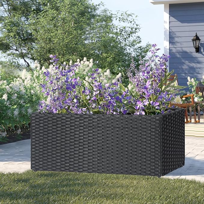 SUNNYPARK Set of 2 Large Rectangular Planter with Removable Liner, All-Weather PE Rattan Modern Planters Indoor Outdoor Flower Plant Pots Garden Box Patio Yard Front Porch Deck