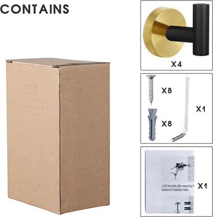 4 Pack Robe Towel Hooks Coat Black Gold Wall Hook Stainless Steel Heavy Duty - Image 7