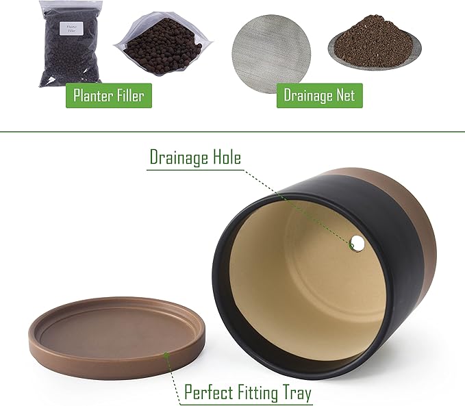 D'vine Dev 10 Inch, Ceramic Planter Pot with Drainage Hole and Saucer, Indoor Cylinder Round Planter Pot, Black/Speckled Tan, 94-O-E-7