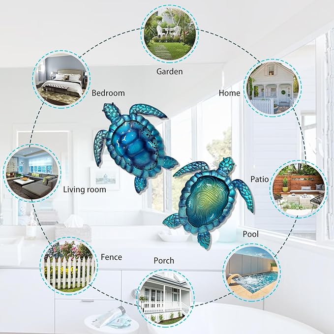 LIFFY Metal Turtle Wall Art Decor Ocean Wall Hanging Coastal Wall Sculptures Beach Theme Wall Decoration for Indoor Outdoor Bathroom Beach Garden Pool (10", 2 pcs)