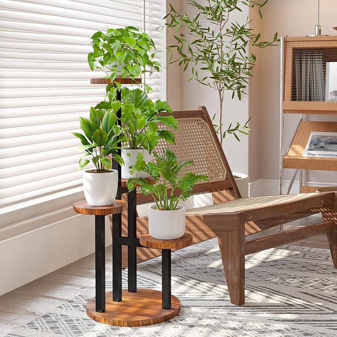 Bamworld 4 Tier Plant Stand Indoor Small Plant Shelf Outdoor Metal Tall Flower Holder Table Support Rack Garden Accessories for Plant Lovers(Brown)
