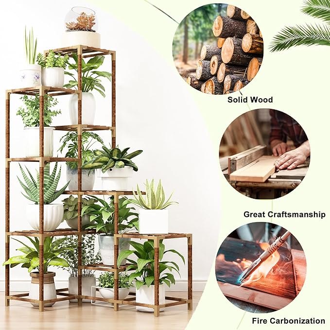 HOMKIRT Plant Stand Indoor Outdoor, 14 Tier Large Corner Plant Stand Tall Plant Shelf Rack Flower Stand For Multiple Plants, Wood Plant Holder Ladder Table Display For Patio Garden Balcony Window