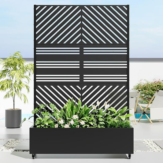 Casaphoria Metal Raised Garden Bed with Trellis and Wheels, 72"x47"x16" Planter Box for Climbing Plants, Vegetables & Vines, Features Drainage Holes and Privacy Screen, Black(Parallel&Harold)
