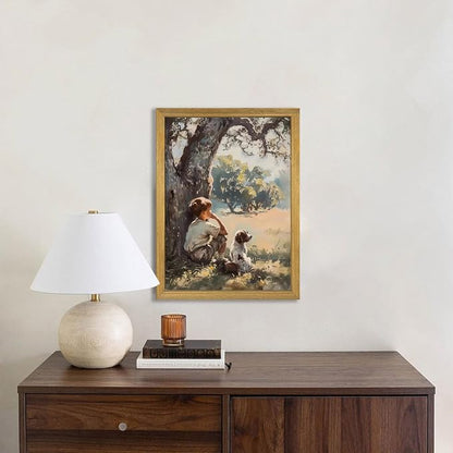 Wood Framed Canvas Wall Art, Vintage Boy and Dog Painting Poster, Countryside - Image 9