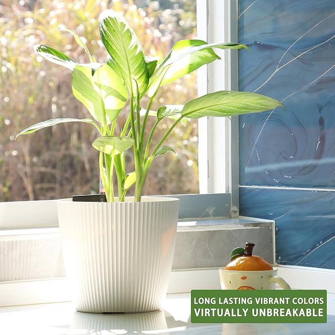 Dexceder 9x8 Self Watering Planters Indoor, Inner Mat Design, Table Flower Plant Pot with Water Level Indicator (2 Pack, White)