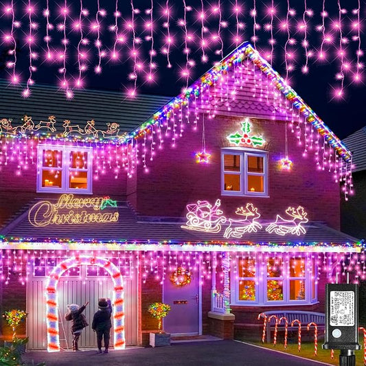 Christmas Icicle Lights Outdoor, 66Ft 640 LED Icicle Lights for Outside with 8 Modes Timers, Waterproof Plug in Twinkle String Light for House Yard Eave Patio Party Holiday Decorations, Pink