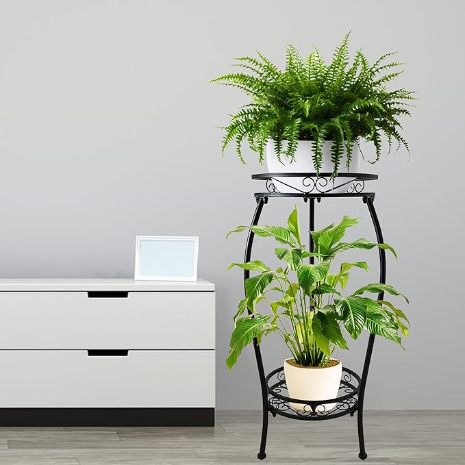 CASIMR 2Pack Plant Stand Indoor Outdoor, 2 Tier 26.6" Tall Metal Potted Holder Rack Multiple Flower Pot Stand Heavy Duty Plant Shelf Rustproof Iron Plant Round Supports Rack