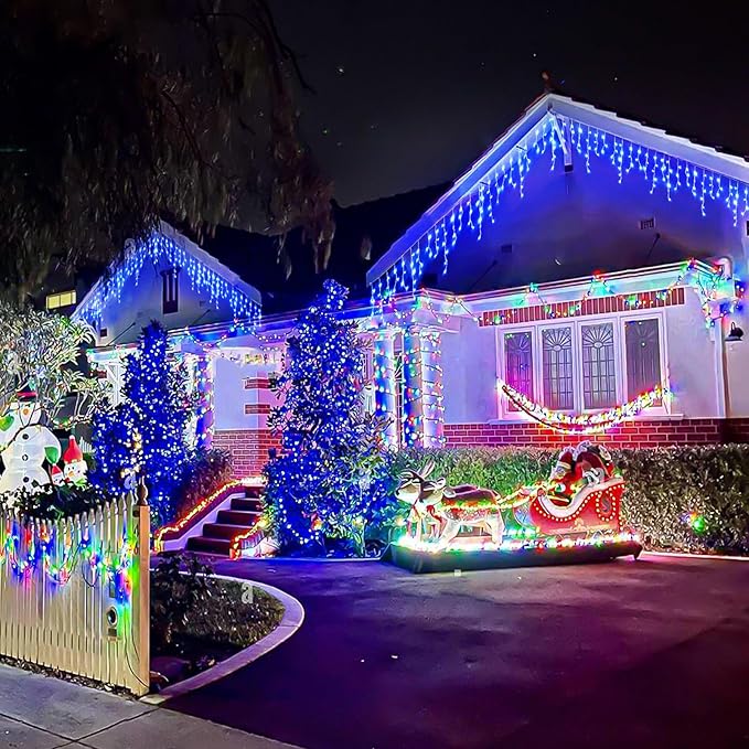 132ft Icicle Lights for Outside, 1280 LED Blue Christmas Lights Outdoor with 240 Twinkle Drops, 8 Modes Plug in Waterproof Timer Memory for Tree Wedding Party House Patio Eave Yard Holiday Decoration