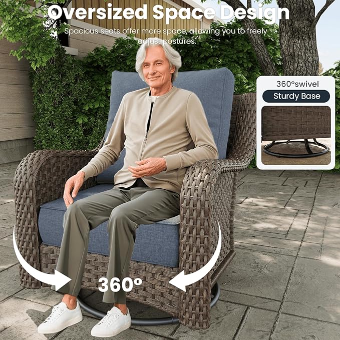 10 Pieces Outdoor Patio Furniture Sets with Rocking Swivel Chairs with 6-inch Thick Cushion and Fire Pit Table for Deck Lawn