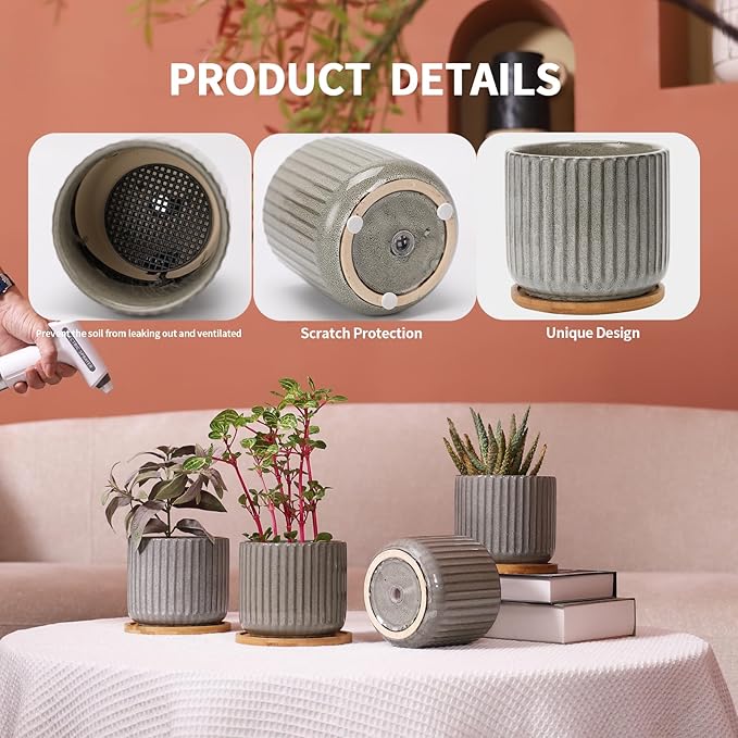 5.25 Inch Ceramic Plant Pots with Drainage Holes and Trays, Vertical Stripes Planter Pot with Saucers for Indoor Flowers, Succulent, Snake Plants, Cactus & Herbs, Grey-Green, Set of 4