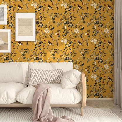 Laatse Vintage Bird Wallpaper 17.5"x393" Yellow Chinoiserie Floral Wallpaper - Image 7