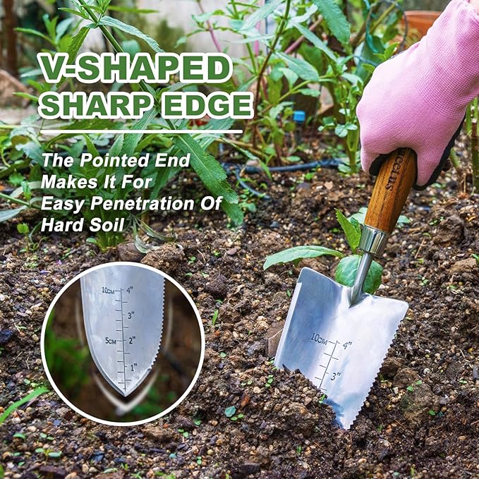 Haliaeetus Garden Trowel with Serrated Edge, 4'' Depth Marks Planting Shovel, V-Shaped Sharp Edge Garden Tool, Stainless Steel with Comfortable Wood Handle for Planting and Weeding