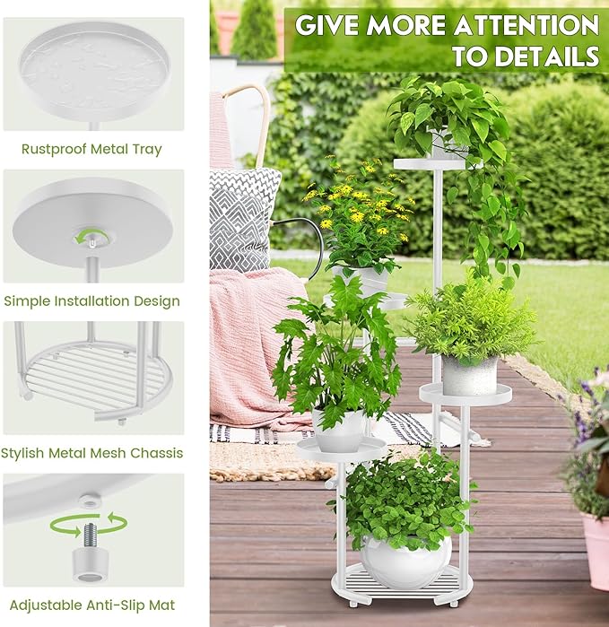 TOSKING 5 Tier Metal Plant Stand Indoor, Plant Shelf, Corner Shelf Flower Pot Stand for Outdoor Plant Stand for Living Room Balcony Garden Patio Bedroom (White, 38in)