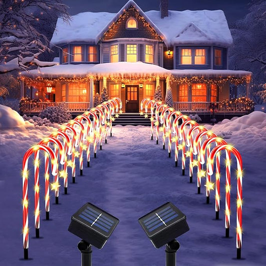 2 Set 24 Pack Upgraded Solar Christmas Candy Cane Lights, 18.6 Inch 144LED Outdoor Pathway Stake Lights with 8 Modes, Solar Candy Cane Lights for Decor Lighting Walkway Yard Garden Xmas Decorations