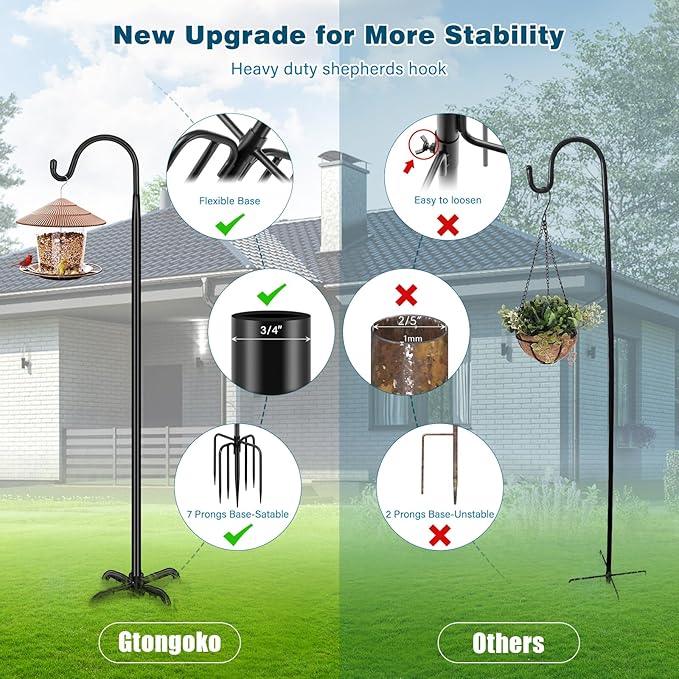 Gtongoko 92 Inch 2 Pack Bird Feeder Poles for Outdoors Heavy Duty, Shepherds Hooks for Outdoor, Hummingbird Feeder Stand, Adjustable Hanger for Plant, Lights, Lanterns Wedding Decor with 7 Prongs Base