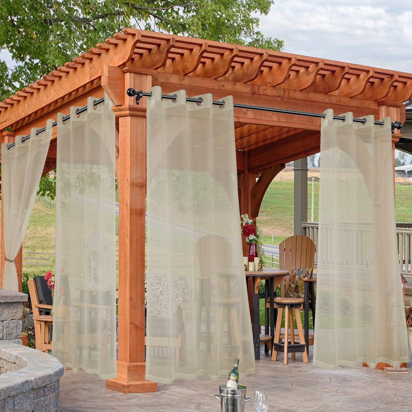 HolidayIdeas Outdoor Sheer Curtains for Patio Waterproof, 4 Panels - 54 x 108 Inch - Light Filtering Voile Outside Curtains Grommet Drapes for Front Porch, Gazebo, Pergola, Backyard, Linen Color