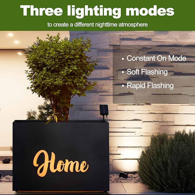 Metal LED Planter Box Rectangular Block - Galvanized Steel Long Planters Box with Solar Light Outdoor All-Weather Use with Drainage Holes for Cafe Bar Mall Patio/Porch/Entrance, 35.5×24×12IN（Home）