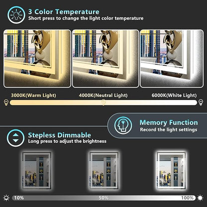 24x30 LED Bathroom Mirror with Lights, Backlit and Front Lit Anti-Fog Lighted - Image 4