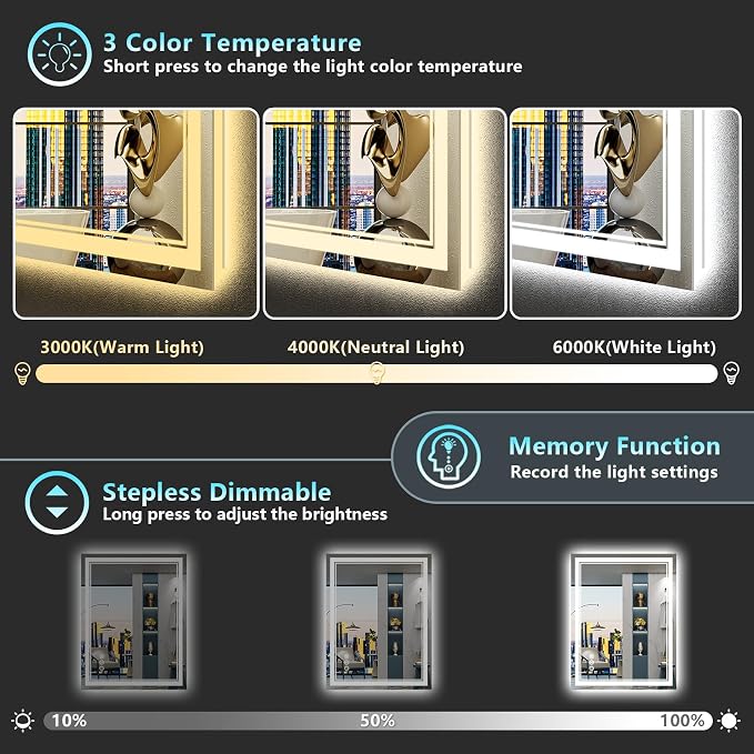 24x36 LED Bathroom Mirror with Lights, Backlit and Front Lit Anti-Fog Lighted - Image 4