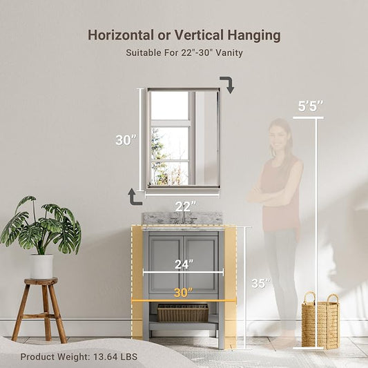 Brushed Nickel Bathroom Mirror, 22x30 Inch Beveled Framed Bathroom Mirror - Image 2