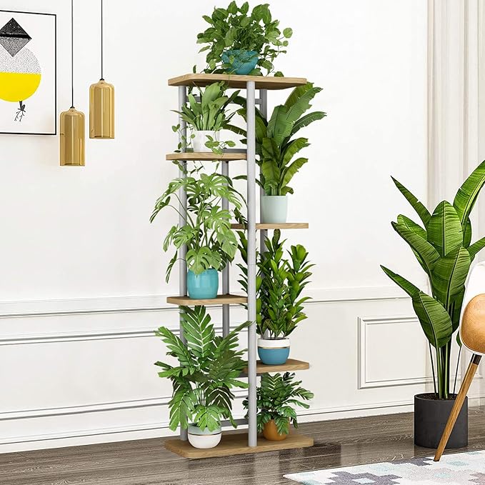 LINZINAR Plant Stand 6 Tier 7 Potted Multiple Flower Pot Holder Shelf Indoor Outdoor Planter Display Shelving for Patio Garden Corner Balcony Living Room (6 Tier-7 Potted, White)