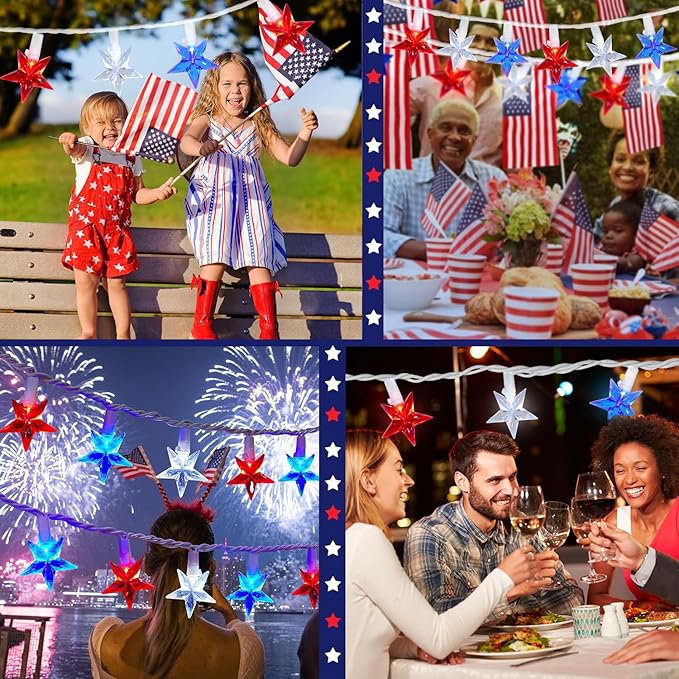 100 LED Red White and Blue Star Lights, 37FT 4th of July Star String Lights Plug in for Home Patio Garden Yard Memorial Day Independence Day Patriotic Decorations Outdoor, White Wire