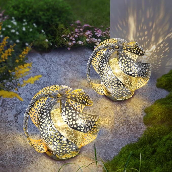 Huaxu Solar Lights Outdoor Garden Decor Waterproof Cracked Glass Globe LED Light Silver Retro Art Metal Retro Design Decorative Yard Patio Lawn Pathway Gift for Mom Women Anniversary Birthday