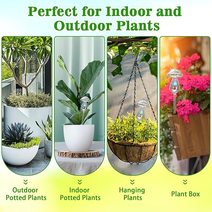 Plant Watering Globes, 4PCS Iridescent Rainbow Gradient Color Clear Glass Mushroom Self Watering Spikes Planter Insert, Automatic Plant Waterer Bulbs Devices for All Plants 9" L × 3.5" D