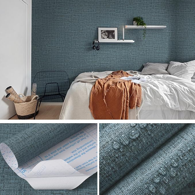 Guvana Grasscloth Peel and Stick Wallpaper Blue Textured Contact Paper Modern - Image 3