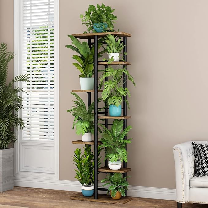 LINZINAR Plant Stand 7 Tier 8 Potted Multiple Flower Pot Holder Shelf Indoor Outdoor Planter Rack Storage Organizer for Patio Garden Corner Balcony Living Room (7 Tier-8 Potted, Black)