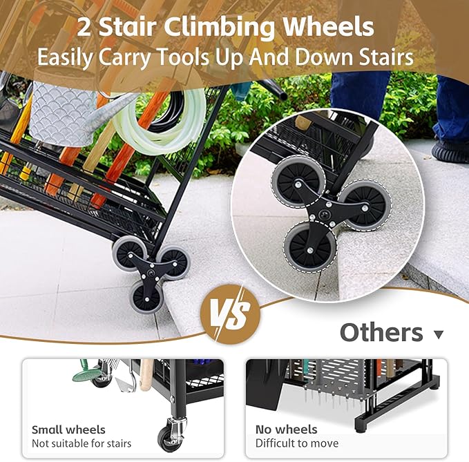 Lauren&Harold Garden Tool Organizer for Garage, Yard Tools Storage Rack with 2 Stair-Climbing Wheels, Gardening Tool Storage Holder for Garage, Yard, Lawn and Outdoor, Garden Tool Rolling Cart