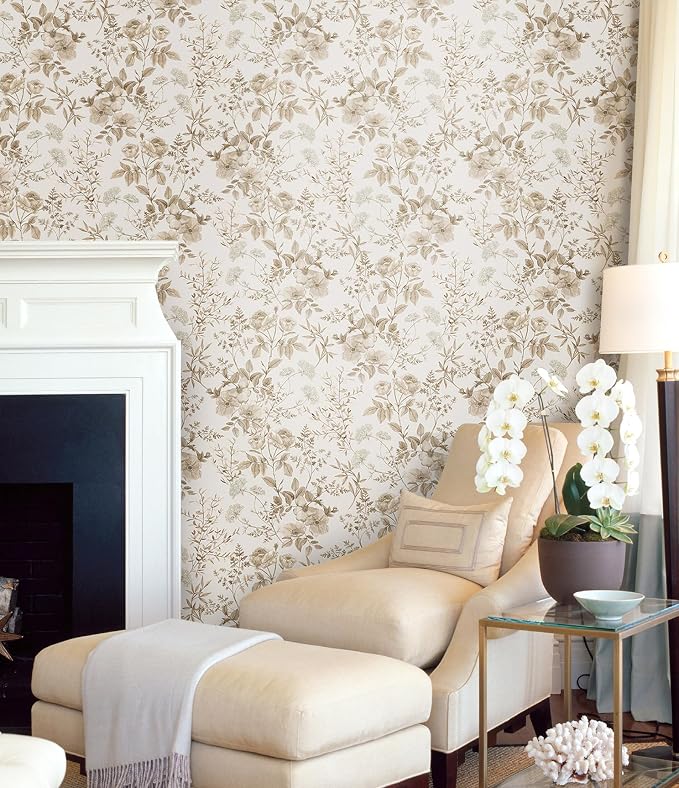 Erfoni 16.9" x197" Beige Floral Peel and Stick Wallpaper Boho Floral Leaf - Image 3