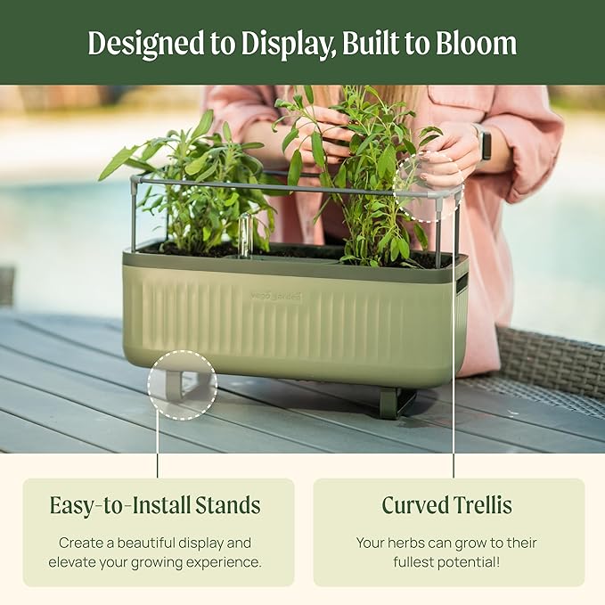Vego Garden 2 Pack Herb Indoor Plant Box, Self Watering Planters Pots with Trellis for Kitchen Window Sill or Countertop Plants Cage - Sage Green