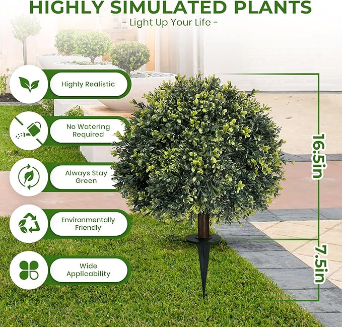 ICX 2 Pack 24" Artificial Boxwood Topiary Ball Trees with Ground Spike,Artificial Plants Outdoor,Fake Bushes & Shrubs for Porch, Garden, Front Porch Decor - Indoor/Outdoor Faux Plants