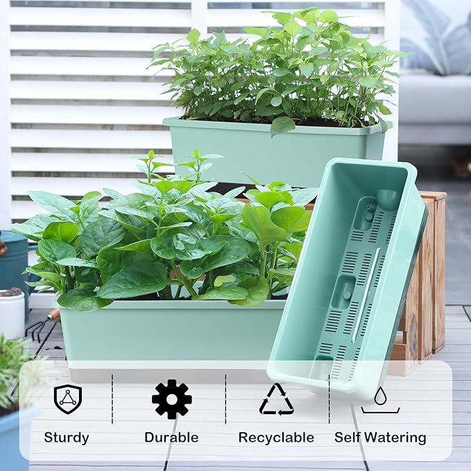 Window Box Planter 8 Pcs, 17 Inches Rectangle Flower Pots with Drainage Holes and Trays, Vegetable Planters for Windowsill Patio Garden Balcony Home Porch Yard Indoor Outdoor