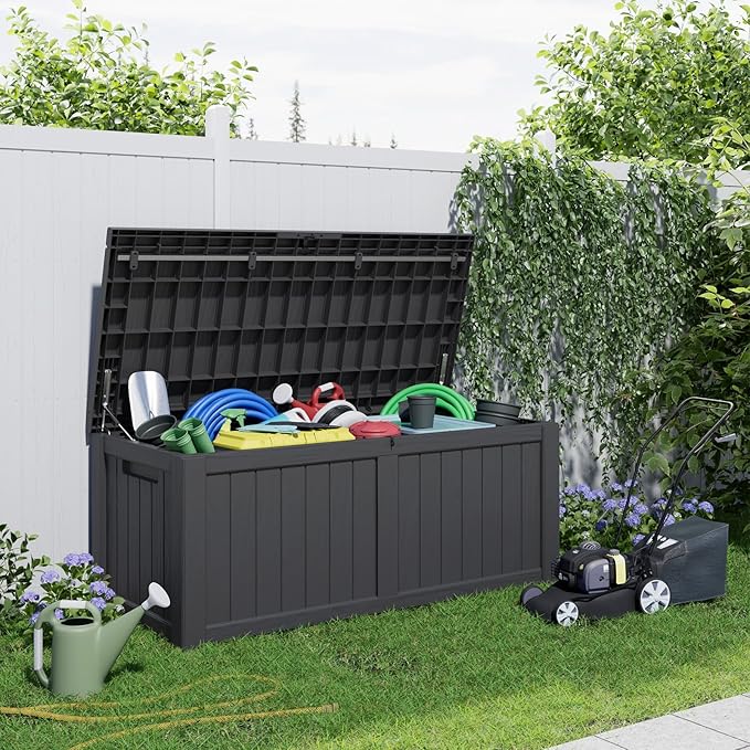 120 Gallon Resin Deck Box, Lockable Patio Outdoor Storage Box for Furniture, Garden Tools and Tools Storage, Waterproof Outside Storage Boxes - Black