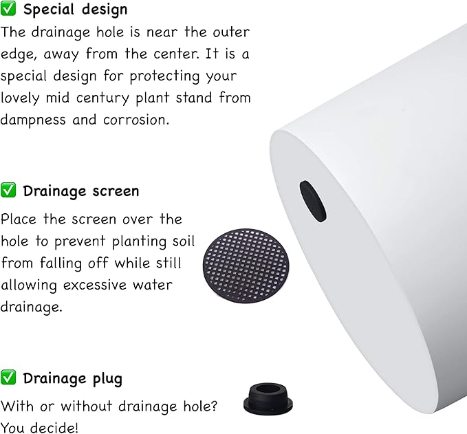 FaithLand Plant Pot 8 inch - Perfectly Fits Mid-Century Modern Plant Stand - Drainage Plug and Drainage Mesh Screen - White Planter Pot.