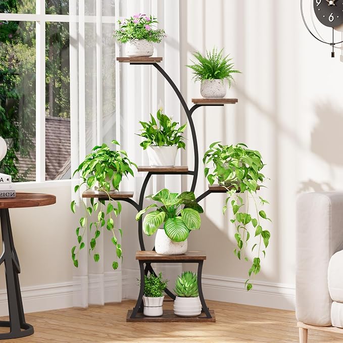 Plant Stand Indoor with Grow Lights - 7 Tiered Indoor Plant Shelf, 44" Corner Plant Stands for Indoor Plants Multiple, Metal Plant Shelves, Curved Plant Holder Rack for Living Room, Patio, Balcony