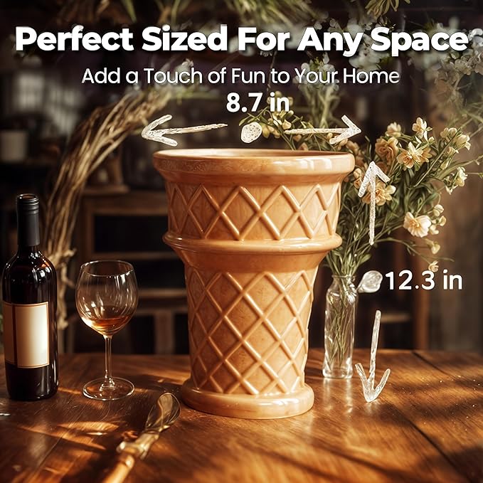 Fun & Unique Giant Ice Cream Cone Planter & Vase Quirky Large Ceramic 12” Tall Indoor Outdoor Vase for Plant Lovers – Perfect for Multiple Plants or Statement Garden Art