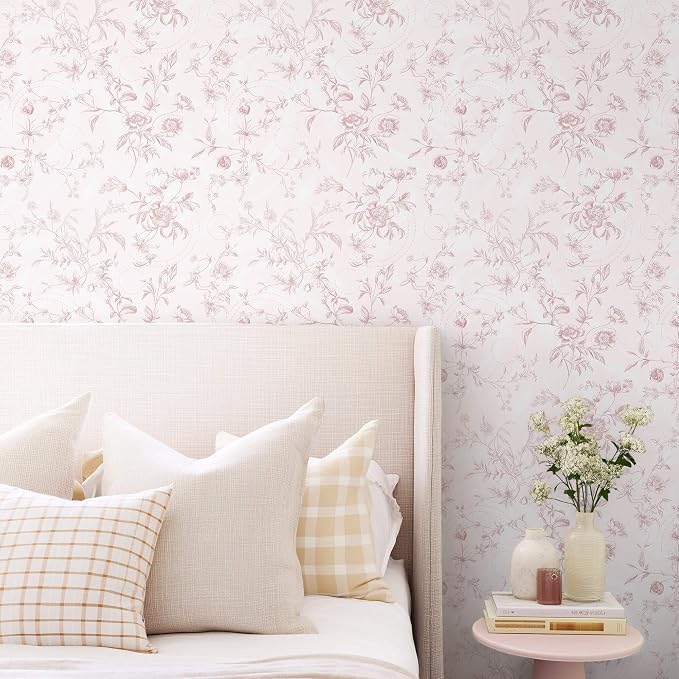 Ismoon Peel and Stick Wallpaper Floral Pink Stick on Wall Paper Vintage French - Image 2