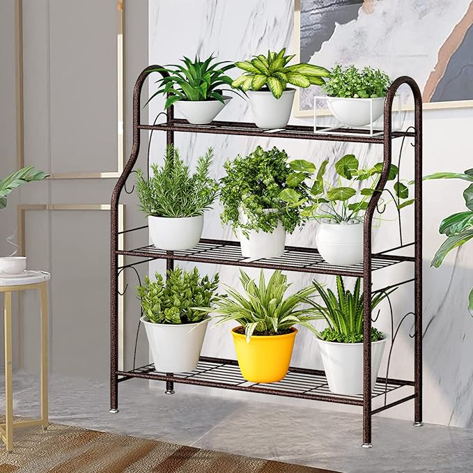 SORCEDAS Plant Stand Indoor Outdoor Plant Shelf 3 Tier Metal Corner Flower Stand Multiple Holder for Patio Garden Balcony Living Room, Bronze